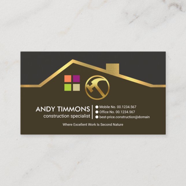 Exquisite Gold Rooftop Motif Handyman Construction Business Card (Front)