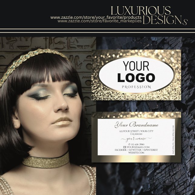 Exquisite Gold Sparkling Glitter White add Logo Business Card (Creator Uploaded)