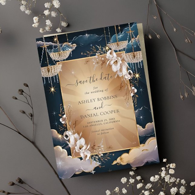 Exquisite Golden Chandelier Floral Save The Date Invitation (Creator Uploaded)