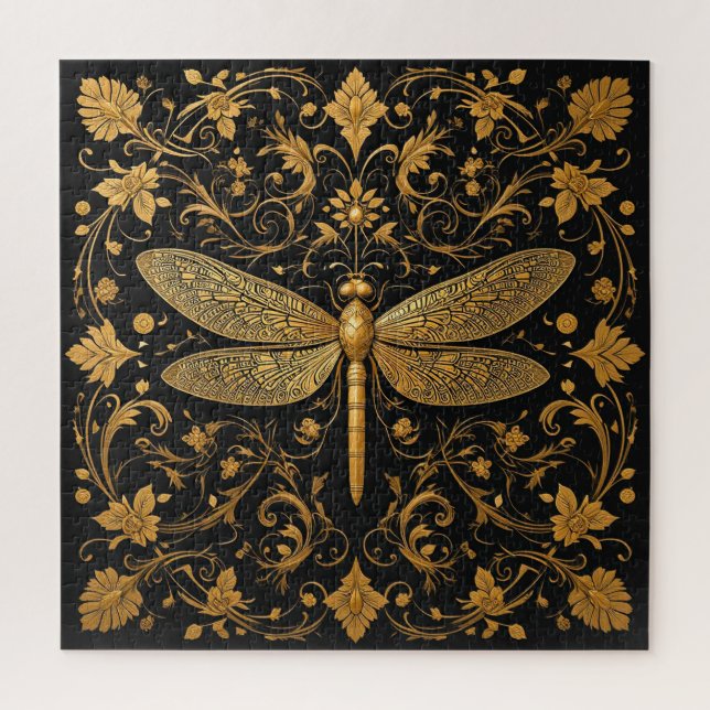 Exquisite Golden Dragonfly with Floral Art Jigsaw Puzzle (Vertical)