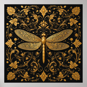 Exquisite Golden Dragonfly with Floral Art Poster