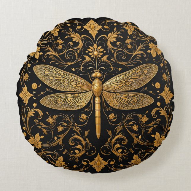 Exquisite Golden Dragonfly with Floral Art Round Cushion (Front)