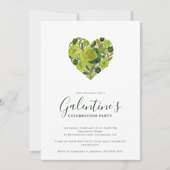 Exquisite Green Floral Heart Galentine's Day Invitation (Front)