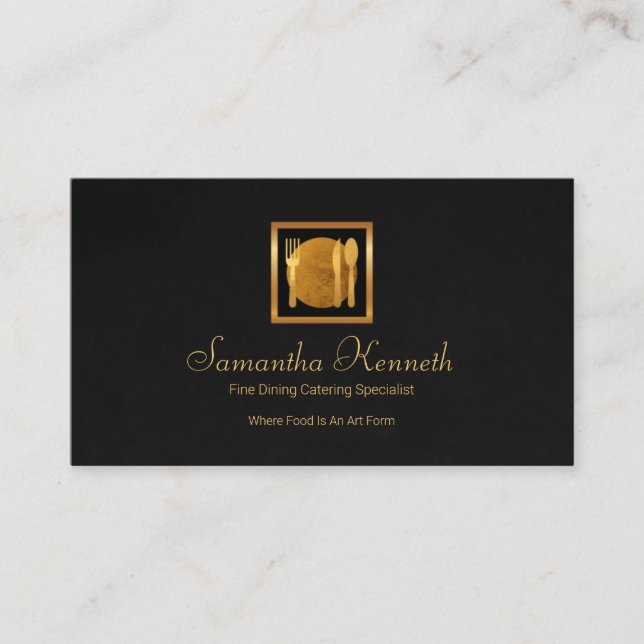 Exquisite Grey Grunge Gold Utensils Caterer Business Card (Front)
