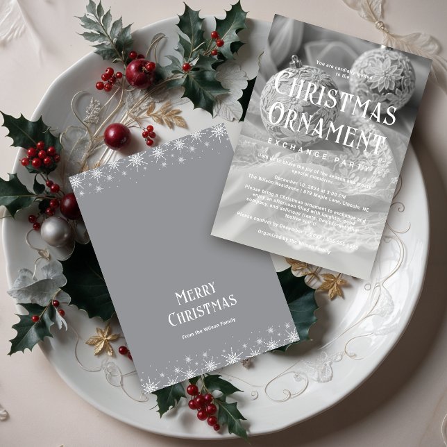 Exquisite Grey Shades Christmas Ornament  Invitation (Exquisite Grey Shades Christmas Ornament Exchange Party Invitations Cards.)