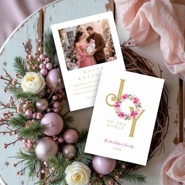 Exquisite Hot Pink Tones & Gold Christmas Wreath Holiday Card (Exquisite Hot Pink Tones and Faux Gold Christmas Wreath Holiday Cards with Back Photo.)