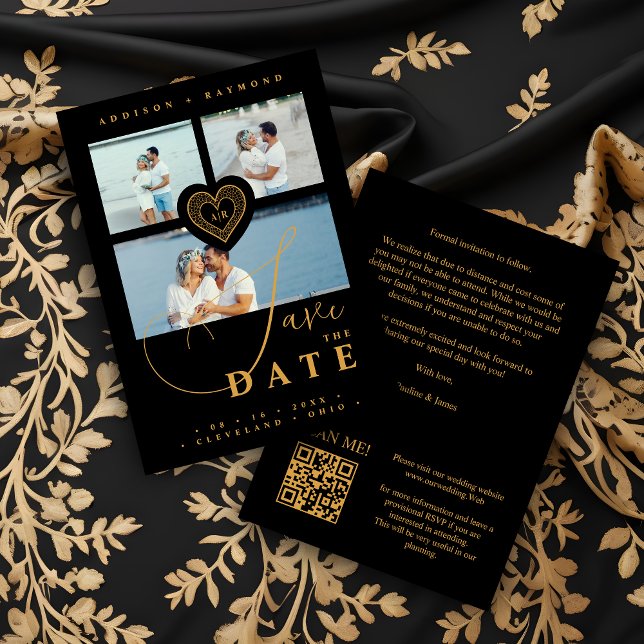 Exquisite Lace Gold & Black 3 Multi Photos Save The Date (Exquisite Faux Lace Gold and Black 3 Multi Photos Collage Wedding Save the Date Card. )