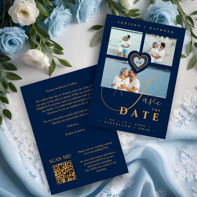 Exquisite Lace Gold & Navy Blue 3 Multi Photos Save The Date (Exquisite Faux Lace Gold and Navy Blue 3 Multi Photos Collage Wedding Save the Date Card.)