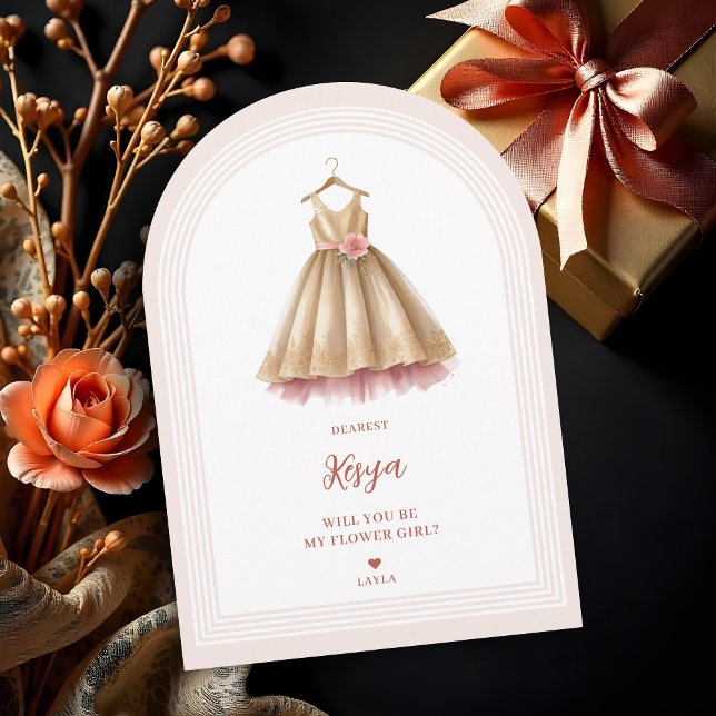 Exquisite Lovely Flower Girl Dress in Pink & Gold  Invitation (Exquisite Lovely Flower Girl Dress in Pink & Faux Gold Proposal Cards with Corner Arch Style.)