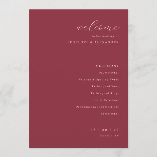 Exquisite Maroon Calligraphy Wedding Ceremony Program (Front)