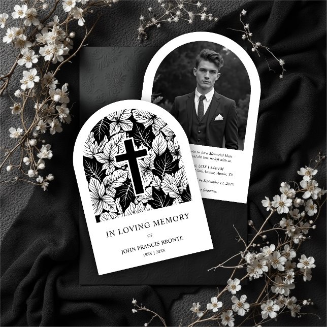 Exquisite Minimalist Black White Botanical Funeral Invitation (Exquisite Minimalist Elegant Black and White Botanical Climbing Arch-Shape Funeral Invitation Card)