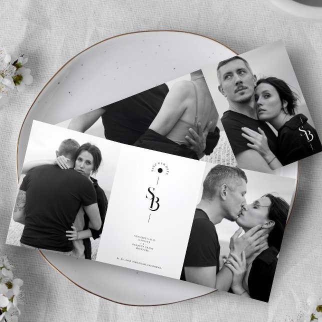 Exquisite Minimalist Black White Wedding 4 Photos Tri-Fold Invitation (Exquisite Elegant Minimalist Black & White Wedding Initials 4 Photos Save the Date Tri-Fold Card.)