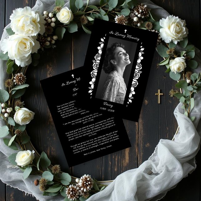 Exquisite Minimalist Floral Black & White Floral (Exquisite Minimalist Floral Black & White Floral Garlands Funeral Keepsake Cards. )