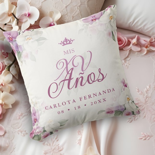 Exquisite Mis XV Años Spanish Floral Orchid Posies Cushion (Romantic Exquisite Mis XV Años Spanish Floral Orchids Bouquets in Pink shades Throw Pillow. )