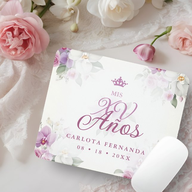 Exquisite Mis XV Años Spanish Floral Orchid Posies Mouse Pad (Romantic Exquisite Mis XV Años Spanish Floral Orchids Bouquets in Pink shades Mouse Pad. )