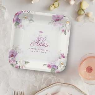 Exquisite Mis XV Años Spanish Floral Orchid Posies Paper Plate