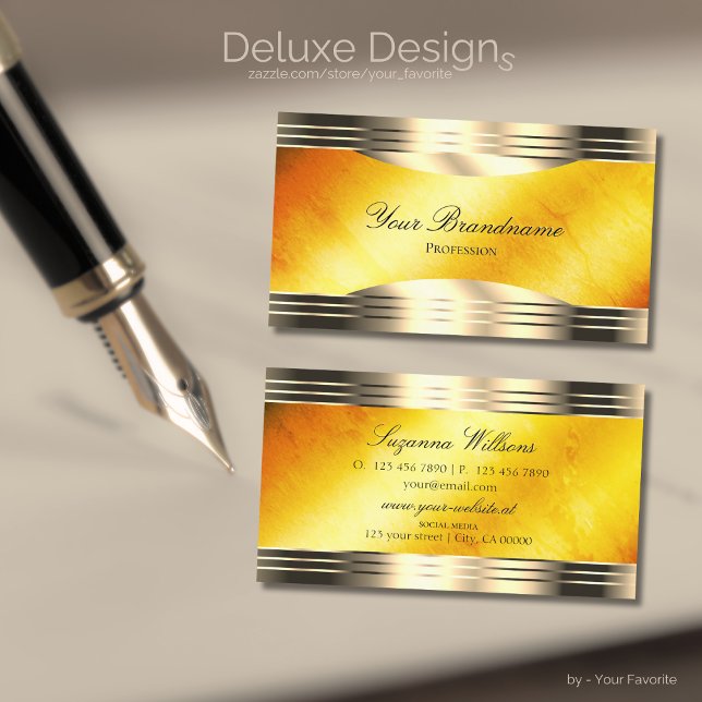 Exquisite Orange Marble and Decorated Gold Borders Business Card (Creator Uploaded)