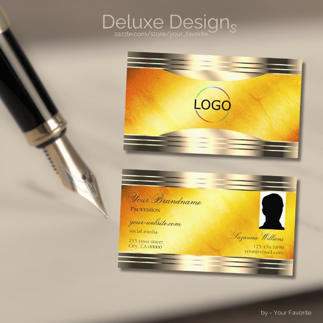 Exquisite Orange Marble Gold Border Logo and Photo Business Card (Creator Uploaded)