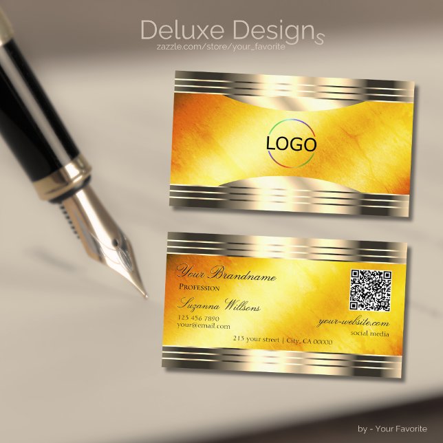 Exquisite Orange Marble Gold Borders Logo QR Code Business Card (Creator Uploaded)