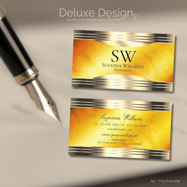 Exquisite Orange Marble Gold Borders with Monogram Business Card (Creator Uploaded)