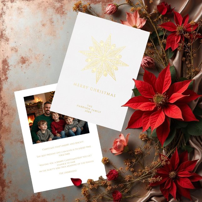 Exquisite Ornate Stylish Christmas Star Gold Foil Holiday Card (Exquisite Ornate Stylish Christmas Star Gold Metallic Foil Holiday Cards with Back Photo. )