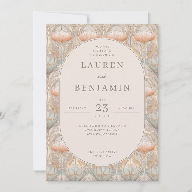 Exquisite Peach Floral Pattern Invitation (Front)