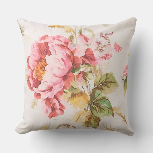 Exquisite Pink and Yellow Flowers. Shabby Chic Cushion (Front)