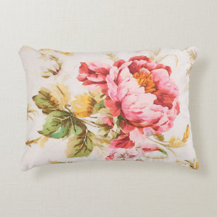 Exquisite Pink and Yellow Flowers. Shabby Chic Decorative Cushion