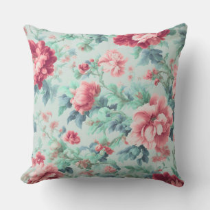 Exquisite Pink Claret Flowers, Green Blue Leaves Cushion