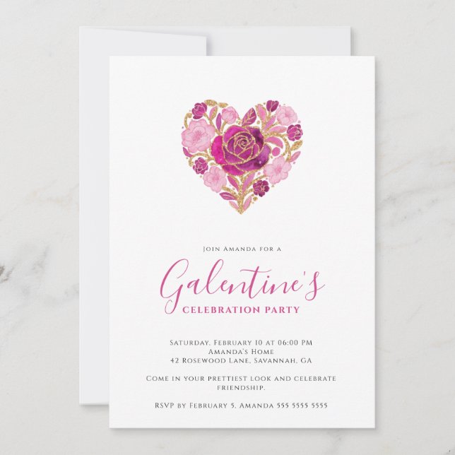 Exquisite Pink Floral Heart Galentine's Day Party  Invitation (Front)