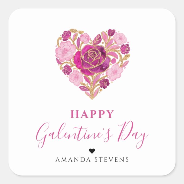 Exquisite Pink Floral Heart Galentine's Day Party  Square Sticker (Front)
