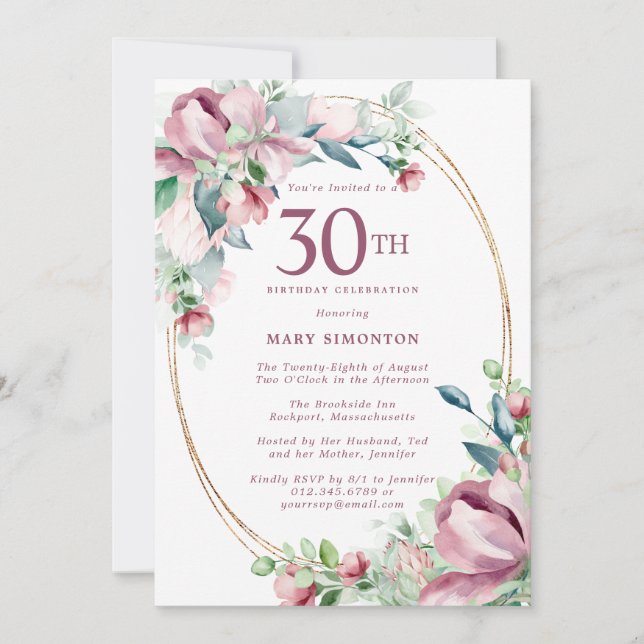 Exquisite Pink Mauve Floral 30th Birthday Invitation (Front)