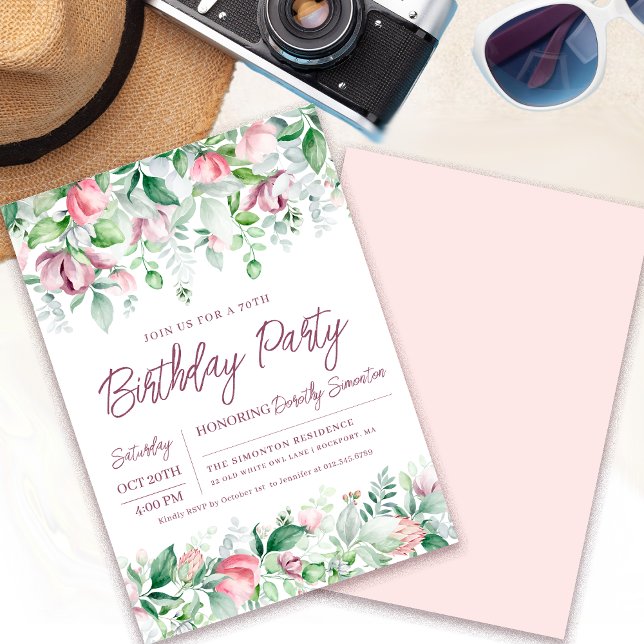Exquisite Pink Mauve Floral 70th Birthday Invitation (Need a matching welcome sign? More coordinated party supplies. Message me!)