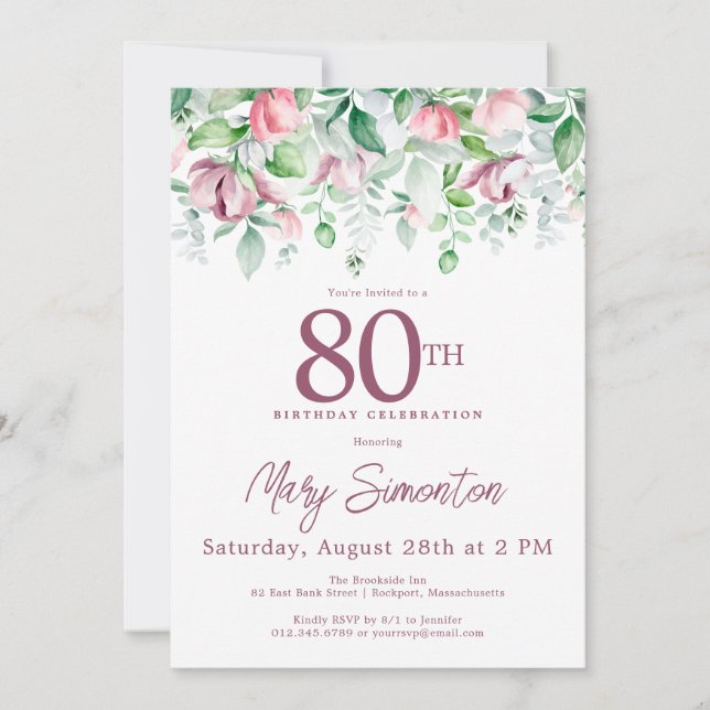 Exquisite Pink Mauve Floral 80th Birthday  Invitation (Front)