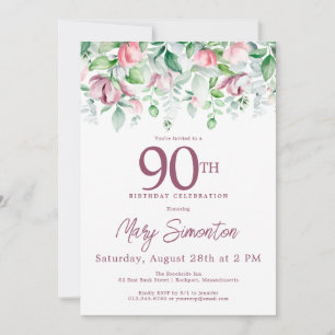 Exquisite Pink Mauve Floral 90th Birthday Invitation