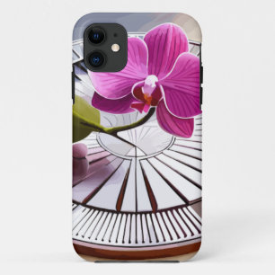 Exquisite Pink Orchid Rests on Silver Plate iPhone 11 Case