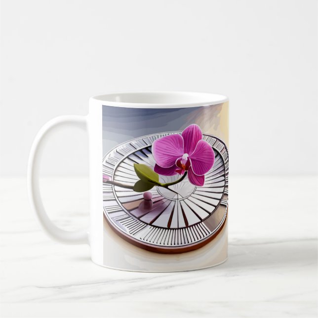 Exquisite Pink Orchid Rests on Silver Plate Coffee Mug (Left)