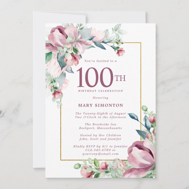Exquisite Pink Rose Floral 100th Birthday Invitation (Front)