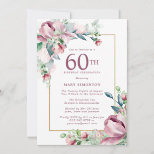 Exquisite Pink Rose Floral 60th Birthday Invitation