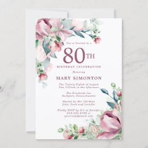 Exquisite Pink Rose Floral 80th Birthday Invitation