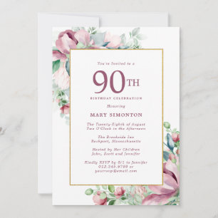 Exquisite Pink Rose Floral 90th Birthday Invitation