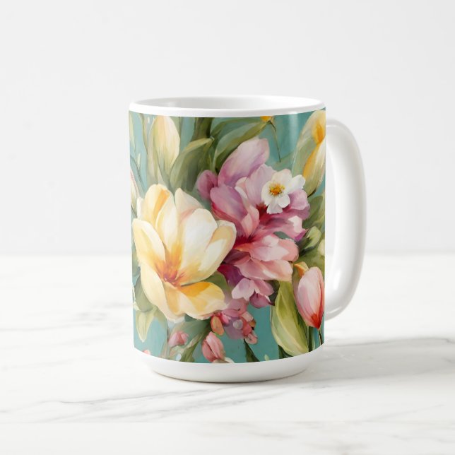 Exquisite Pink, Yellow Magnolia with White Flowers Coffee Mug (Front Right)