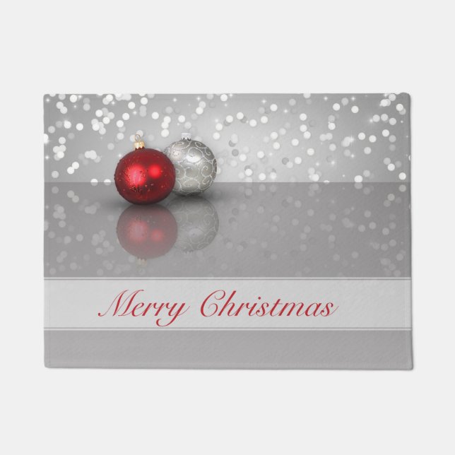 Exquisite Red and Silver Christmas Tree Balls Doormat (Front)