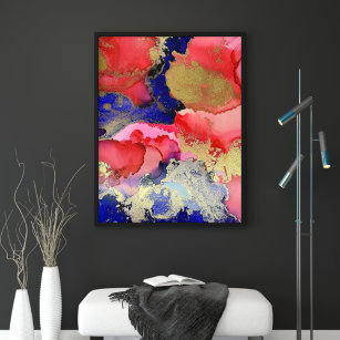 Exquisite Red Blue Gold Abstract Art Poster