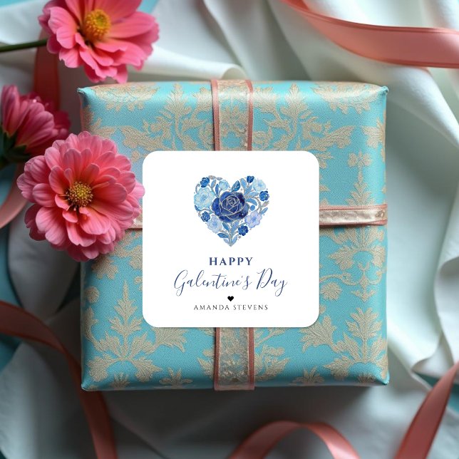 Exquisite Red Floral Heart Galentine's Day Party  Square Sticker (Exquisite Floral Heart Galentine's Day Party Square Stickers for Your Best Friends in Blue Shades. )