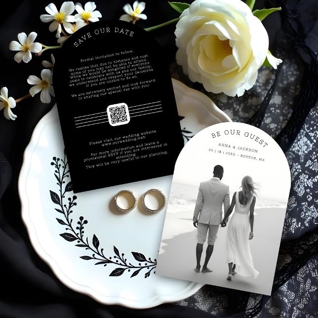 Exquisite Romantic Gradient Transparency Photo Save The Date (Chic Extra Minimalist Black & White Photo Wedding Save the Date Cards. Arch Border Style.)