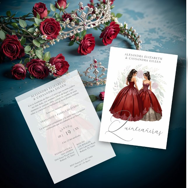 Exquisite Romantic Spanish Quinceañera Dolls Twins Invitation (Exquisite Romantic Spanish Quinceañera Dolls Twins Burgundy Invitations Cards.)