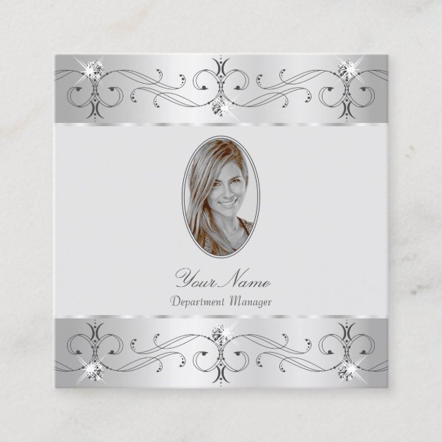 Exquisite Silver Grey Ornate Ornaments Add Photo Square Business Card (Front)