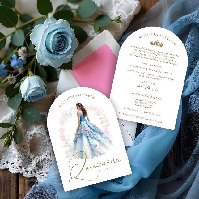 Exquisite Spanish Doll Quinceañera in Blue & Pink Invitation (Exquisite Romantic Chic Spanish Doll Quinceañera in Blue & Pink Ball Gown Invitations Cards.)