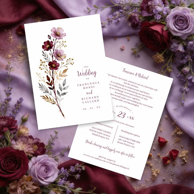 Exquisite Stylish Spring Botanical Purple Tones  Invitation (Stylish Spring Botanical Purple-Toned Exquisite Branches Wedding Card Design.)
